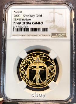 2000 Italy Gold 1/2 Oz Medal With Diamonds III Millennium Ngc Pf 69 Ultra Cameo