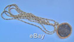 24 Karat Yg & Antique Coin Pendant In 18k Twisted Wheat Chain Necklace