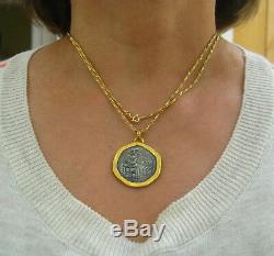 24 Karat Yg & Antique Coin Pendant In 18k Twisted Wheat Chain Necklace