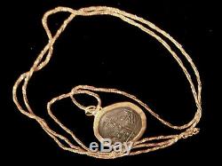 24 Karat Yg & Antique Coin Pendant In 18k Twisted Wheat Chain Necklace