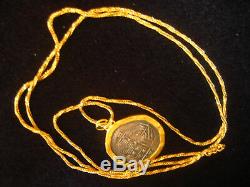 24 Karat Yg & Antique Coin Pendant In 18k Twisted Wheat Chain Necklace