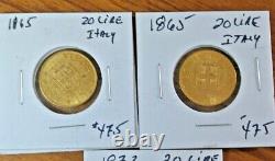2-1865 1-1873 Italian GOLD 20-LIRE Coin. 1867AGW XF/AU