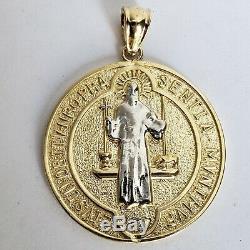 2 side Big 14k Gold saint Benedict benito coin medallion Cross Pendant 1.5