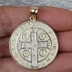 2 side Big 14k Gold saint Benedict benito coin medallion Cross Pendant 1.5