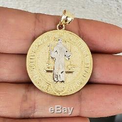 2 side Big 14k Gold saint Benedict benito coin medallion Cross Pendant 1.5