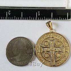 2 side Big 14k Gold saint Benedict benito coin medallion Cross Pendant 1.5