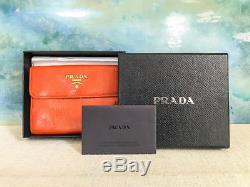 $470 PRADA Orange Leather Wallet Bifold Coin Pocket Gold Hardware Snap SALE! EUC