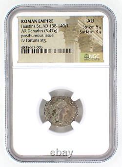 AD 138-140/1 ROMAN EMPIRE (Faustina Sr.) AR Denarius NGC AU (5/54/5) Fortuna