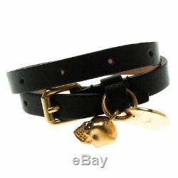 Alexander McQueen Double Wrap Leather Bracelet With Gold Skull & Coin Decal