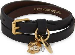 Alexander McQueen Double Wrap Leather Bracelet With Gold Skull & Coin Decal