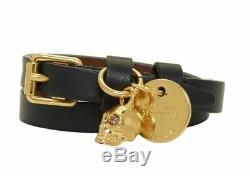 Alexander McQueen Double Wrap Leather Bracelet With Gold Skull & Coin Decal