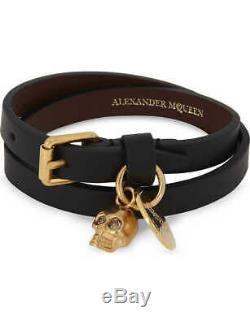 Alexander McQueen Double Wrap Leather Bracelet With Gold Skull & Coin Decal