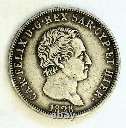 Antique 1828 Sardinia 5 Lire Eagle Mint Torino Silver Coin VF+ 24.73g