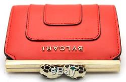 Auth BVLGARI Red color Calf Leather Gold Mini Wallet Coin Purse
