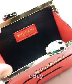 Auth BVLGARI Red color Calf Leather Gold Mini Wallet Coin Purse