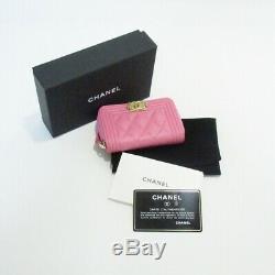 Auth CHANELBoy Chanel Coin Case Pink x Gold Hardware Mini Wallet (310834)