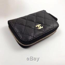 Auth Chanel Black Quilted Caviar Leather Gold CC Logo Coin Purse Zip