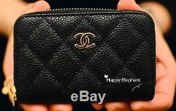 Auth Chanel Black Quilted Caviar Leather Gold CC Logo Coin Purse Zip