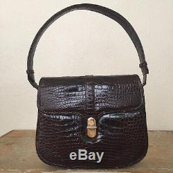 Auth GUCCI VTG Brown Crocodile 2-Way Satchel Shoulder Bag Gold GG WithCoin Purse