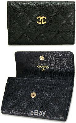Auth Nib Chanel Black Caviar Gold CC Logo Purse Card Holder Coin Wallet