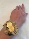 Auth. Versace $895 Medusa Gold-toned Crystal Leather Coin Charms Bracelet Large