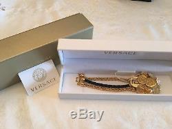 Auth. Versace $895 Medusa Gold-toned Crystal Leather Coin Charms Bracelet Large