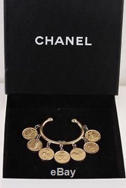 Authentic CHANEL Vintage Gold Metal BANGLE BRACELET COIN CHARMS with BOX