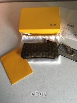 Authentic Fendi FF Gold Stars Brown Zucca Keyring Coin Pouch Bag