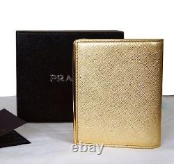 Authentic PRADA Gold Saffiano Leather Compact Wallet with Coin Purse