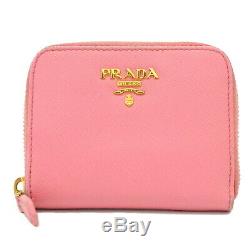 Authentic Prada Saffiano Leather Compact Wallet Purse Coin Case Pink Gold Spain