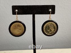 Authentic Signed Milor Italy 14kt Gold & Onyx Italian Coin Earrings Must See Nr