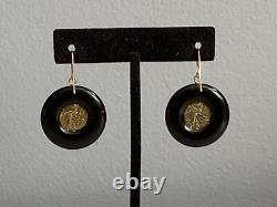Authentic Signed Milor Italy 14kt Gold & Onyx Italian Coin Earrings Must See Nr