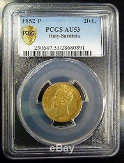 BJSTAMPS 1852 Sardinia 20L GOLD Italy. 1866 oz AGW. 900 gold PCGS AU 53