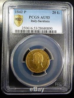 BJStamps 1842 P Sardinia 20L GOLD Italy. 900 gold. 186 toz PCGS AU 53 scarce