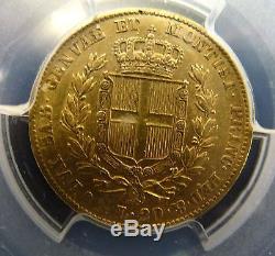 BJStamps 1842 P Sardinia 20L GOLD Italy. 900 gold. 186 toz PCGS AU 53 scarce