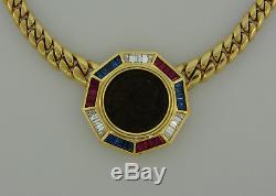 BULGARI Diamond Ruby Sapphire Yellow Gold Coin Pendant NECKLACE Signed 1970s