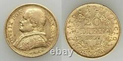 Beautiful 1867 Gold Coin Italian Papal State 20 Lire Pope Pius IX. A. XXII R XF