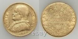 Beautiful 1867 Gold Coin Italian Papal State 20 Lire Pope Pius IX. A. XXII R XF