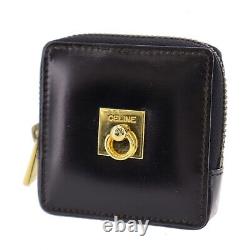 CELINE Used Mini Coin Case Black Glossy Leather Gold Metal Italy #AE900 M