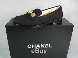 CHANEL 35.5 Black Tweed Round Toe Mocassins Loafers Low Heels 3 Gold Coins NEW