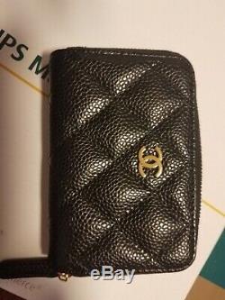CHANEL Classic Black Caviar Gold Hardware Card Holder Zip Wallet Coin Purse
