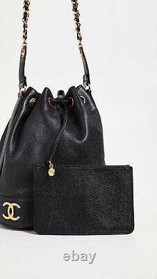 CHANEL VTG Black Caviar Leather CC Drawstring Coin Pouch Shoulder Bucket Bag