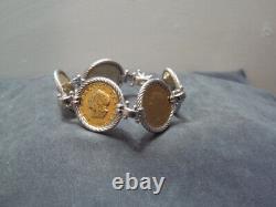CJ 925 ItalySterling Silver18K Gold Gilded20 Lire Coin Bracelet+Earrings Set
