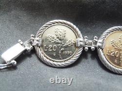 CJ 925 ItalySterling Silver18K Gold Gilded20 Lire Coin Bracelet+Earrings Set