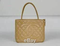 Chanel Beige Caviar Leather Gold Medallion Tote Bag Full Set & Store Receipt