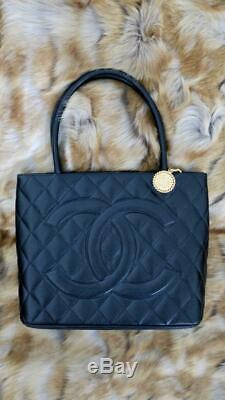 Chanel Black Caviar Leather Gold Medallion Tote Bag Mint