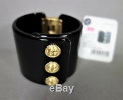 Chanel Bracelet Black Resin Gold Metal Logo Coin CC Cuff Bangle NEW BOX Hinged