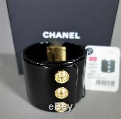 Chanel Bracelet Black Resin Gold Metal Logo Coin CC Cuff Bangle NEW BOX Hinged