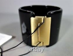 Chanel Bracelet Black Resin Gold Metal Logo Coin CC Cuff Bangle NEW BOX Hinged