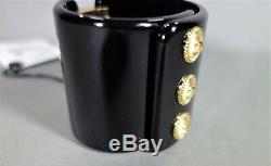 Chanel Bracelet Black Resin Gold Metal Logo Coin CC Cuff Bangle NEW BOX Hinged